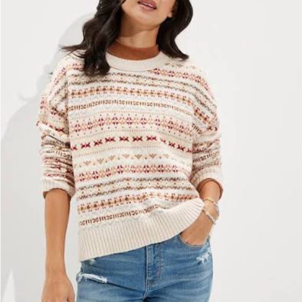 American Eagle Fair Isle Snowdrift Sweater Cream Multi Knit Cozy Small Women’s